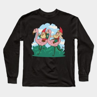 Garden Gnomes Racing Flamingos Long Sleeve T-Shirt